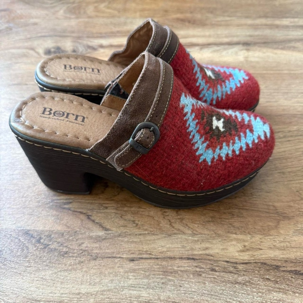 Born Red Wool Platform Clogs with Turquoise Stitching - Picture 4 of 8